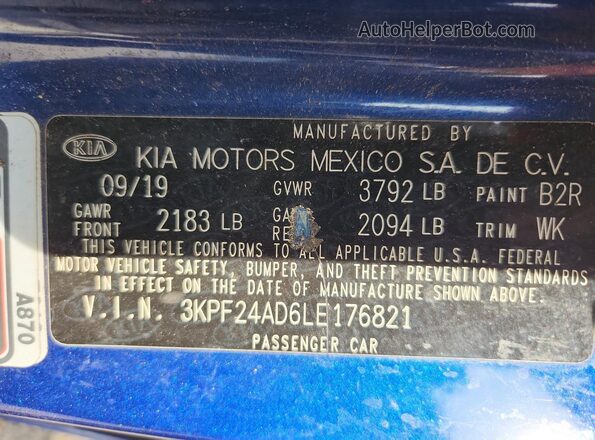 3KPF24AD6LE176821 2020 KIA FORTE Blue Engine compartment view
