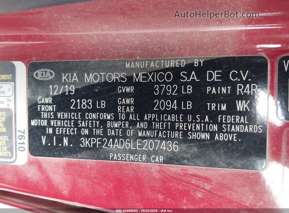 3KPF24AD6LE207436 2020 KIA FORTE Red Vista del compartimento del motor