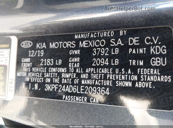 3KPF24AD6LE209364 2020 KIA FORTE Gray Vista del compartimento del motor