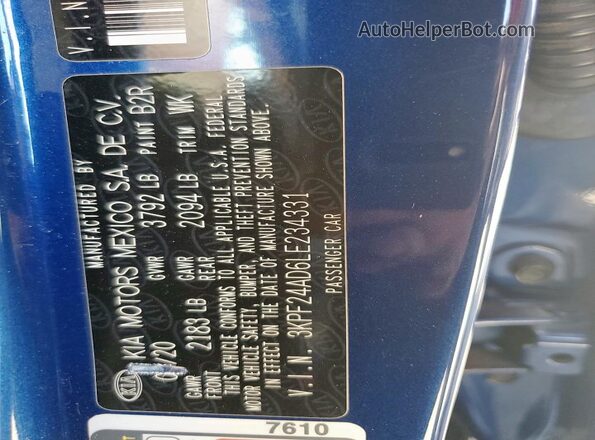 3KPF24AD6LE234331 2020 KIA FORTE Blue VIN կոդի պիտակի տեսք