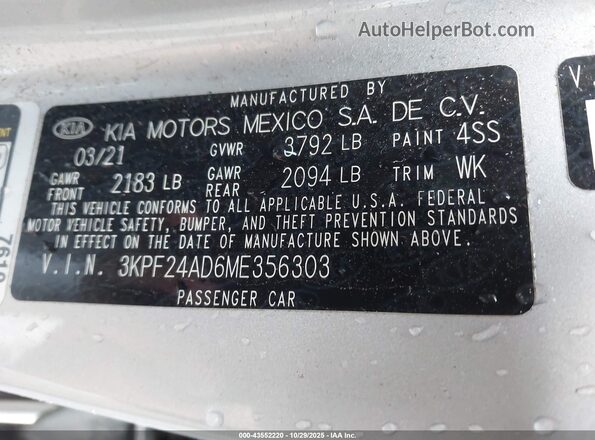 3KPF24AD6ME356303 2021 KIA FORTE Silver ძრავის განყოფილების ხედი