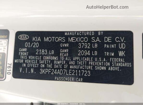 3KPF24AD7LE211723 2020 KIA FORTE Белый Вид подкапотного пространства