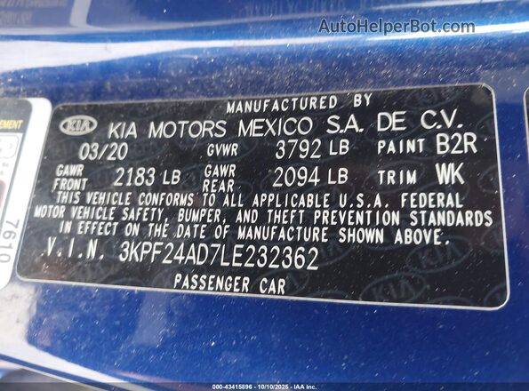 3KPF24AD7LE232362 2020 KIA FORTE Синий Вид подкапотного пространства
