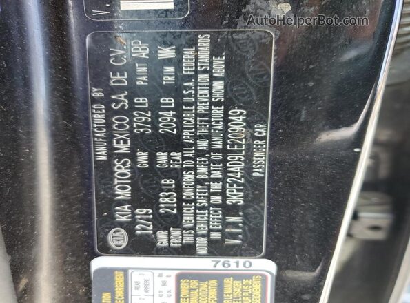 3KPF24AD9LE209049 2020 KIA FORTE Black VIN კოდის სტიკერის ხედი