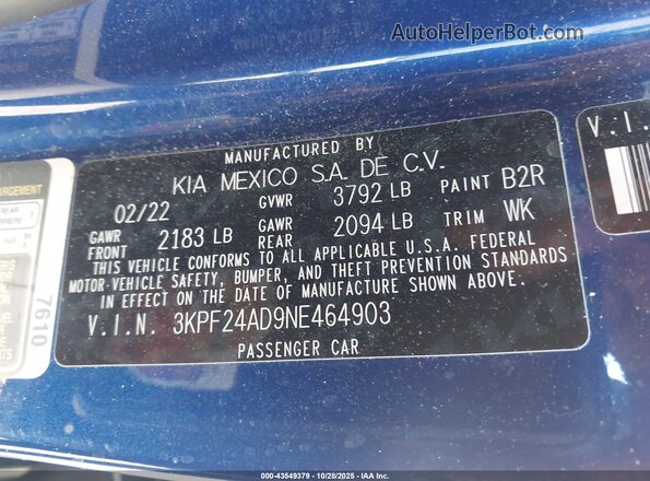 3KPF24AD9NE464903 2022 KIA FORTE Dark Blue Вид подкапотного пространства