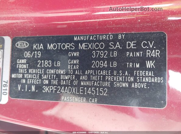 3KPF24ADXLE145152 2020 KIA FORTE Red ძრავის განყოფილების ხედი
