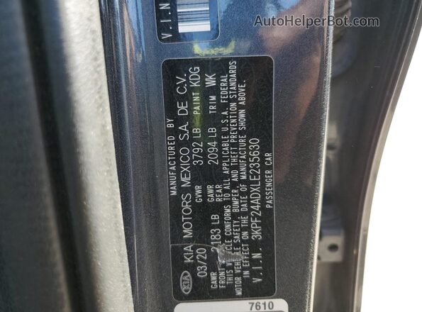 3KPF24ADXLE235630 2020 KIA FORTE Blue VIN sticker view