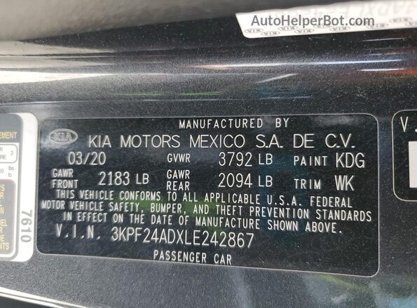 3KPF24ADXLE242867 2020 KIA FORTE Gray ძრავის განყოფილების ხედი