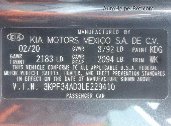 3KPF34AD3LE229410 2020 KIA FORTE Gray ძრავის განყოფილების ხედი