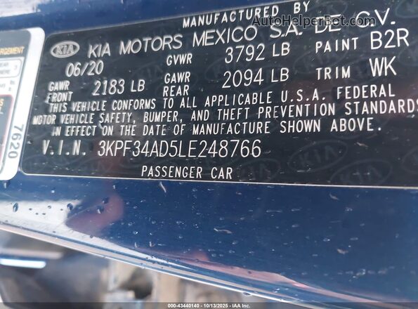 3KPF34AD5LE248766 2020 KIA FORTE Blue Շարժիչի բաժամունքի տեսք