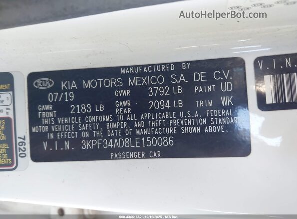 3KPF34AD8LE150086 2020 KIA FORTE White Engine compartment view