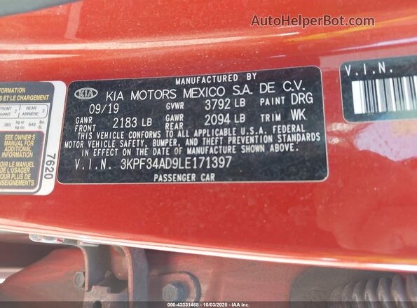 3KPF34AD9LE171397 2020 KIA FORTE Orange Engine compartment view