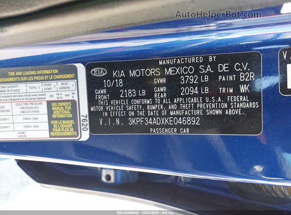 3KPF34ADXKE046892 2019 KIA FORTE Blue Vista del compartimento del motor