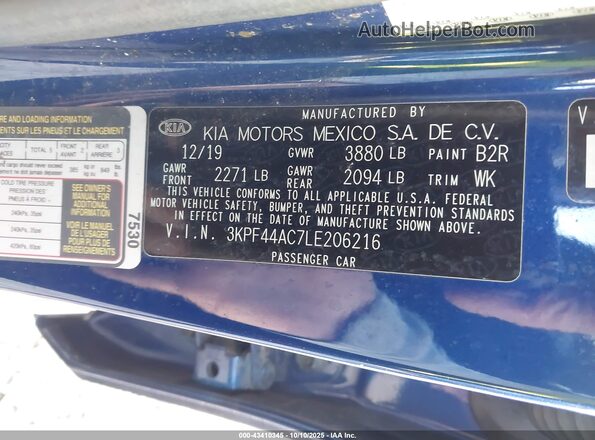 3KPF44AC7LE206216 2020 KIA FORTE Blue ძრავის განყოფილების ხედი