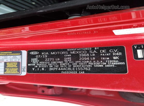 3KPF44AC8LE155762 2020 KIA FORTE Red Widok komory silnika