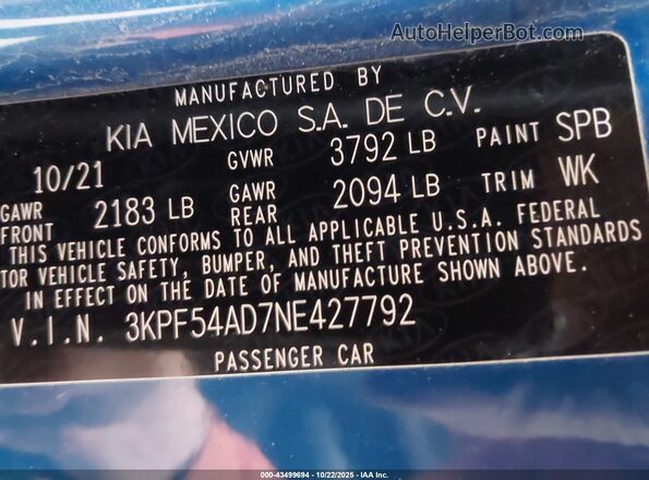 3KPF54AD7NE427792 2022 KIA FORTE Blue Engine compartment view
