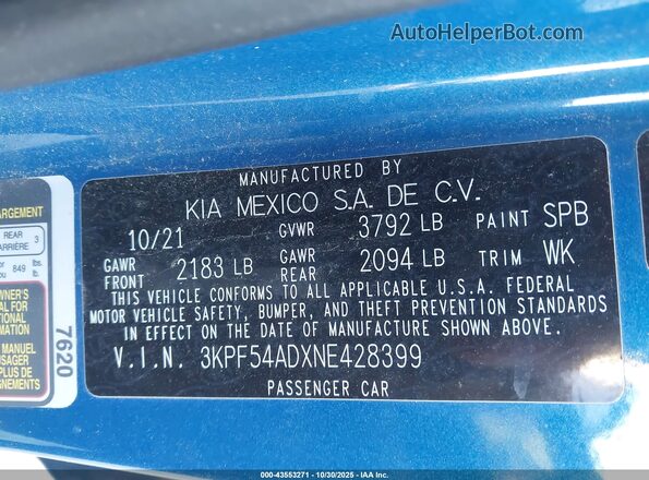 3KPF54ADXNE428399 2022 KIA FORTE Синий Вид подкапотного пространства