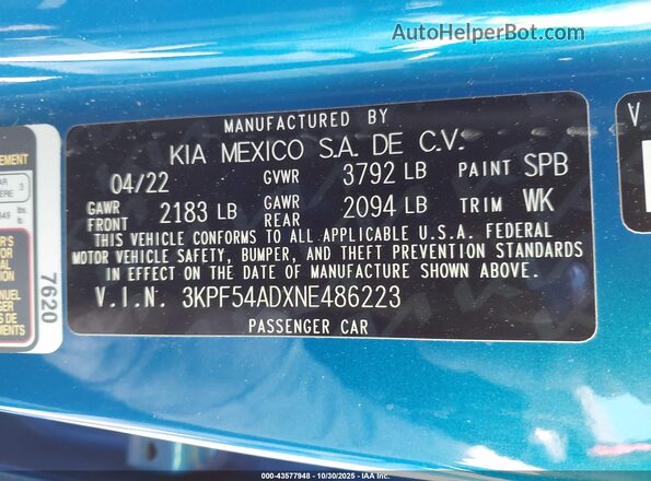 3KPF54ADXNE486223 2022 KIA FORTE Blue Vista del compartimento del motor