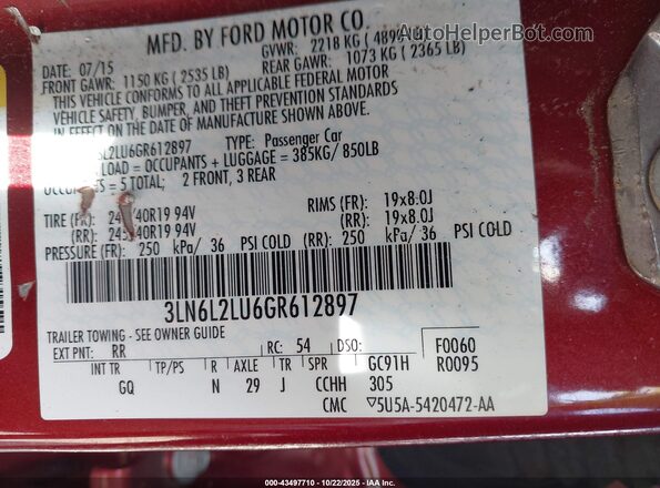 3LN6L2LU6GR612897 2016 LINCOLN MKZ HYBRID Red Widok komory silnika