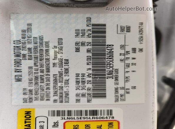 3LN6L5E95LR606478 2020 LINCOLN MKZ White Vista del compartimento del motor