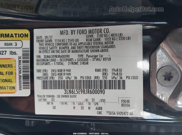 3LN6L5E98JR600090 2018 LINCOLN MKZ Black Engine compartment view