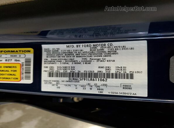 3LN6L5F91LR611062 2020 LINCOLN MKZ Blue Շարժիչի բաժամունքի տեսք