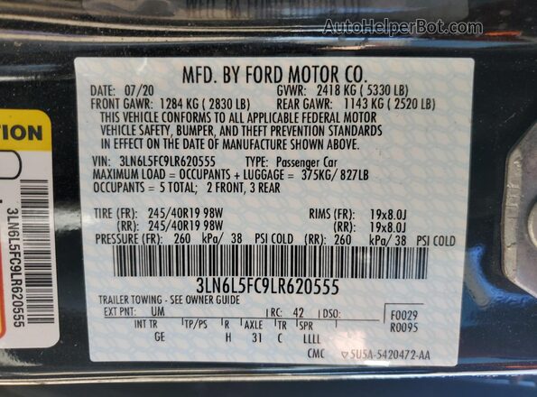 3LN6L5FC9LR620555 2020 LINCOLN MKZ Black Vista del compartimento del motor