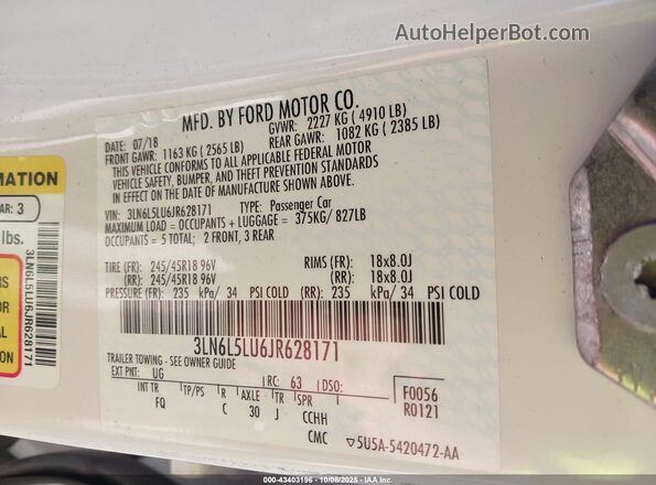 3LN6L5LU6JR628171 2018 LINCOLN MKZ HYBRID White Engine compartment view