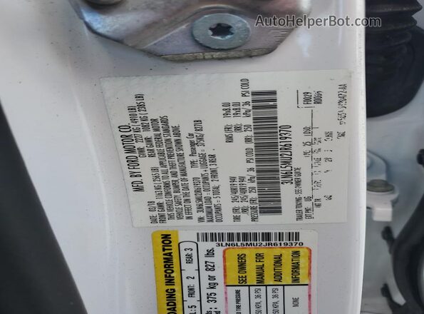 3LN6L5MU2JR619370 2018 LINCOLN MKZ White Вид наклейки з VIN-кодом
