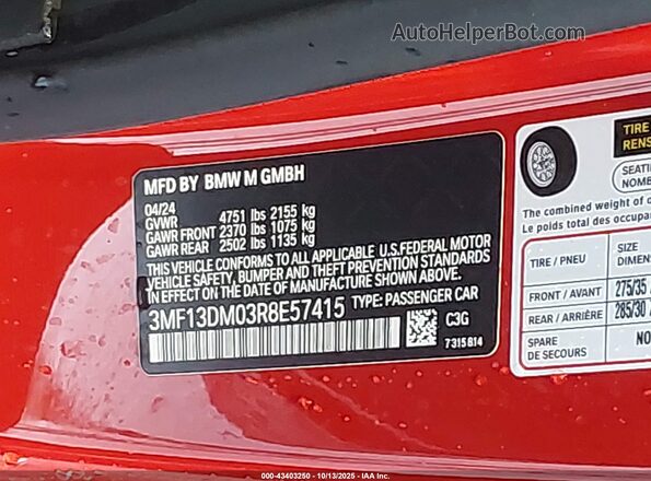 3MF13DM03R8E57415 2024 BMW M2 Orange Вид підкапотного простору