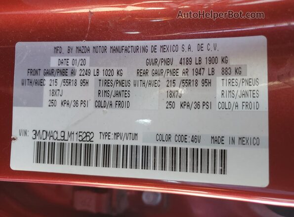 3MVDMACL9LM115262 2020 MAZDA CX-30 Red VIN sticker view