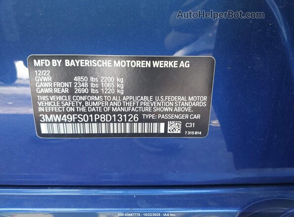 3MW49FS01P8D13126 2023 BMW 3 SERIES Blue Շարժիչի բաժամունքի տեսք