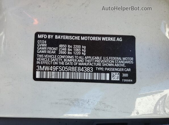 3MW49FS05R8E84383 2024 BMW M3 White Vista del compartimento del motor