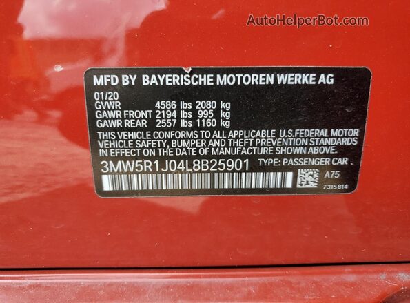 3MW5R1J04L8B25901 2020 BMW 3 SERIES Red Widok komory silnika