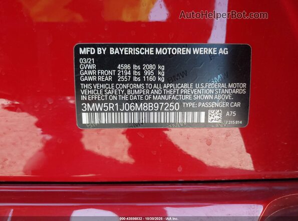 3MW5R1J06M8B97250 2021 BMW 3 SERIES Red Widok komory silnika