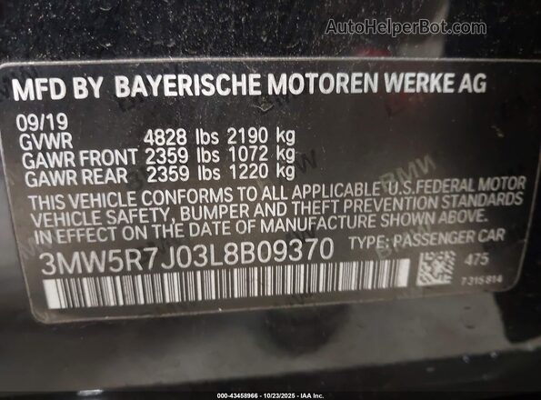 3MW5R7J03L8B09370 2020 BMW 3 SERIES Black Вид підкапотного простору