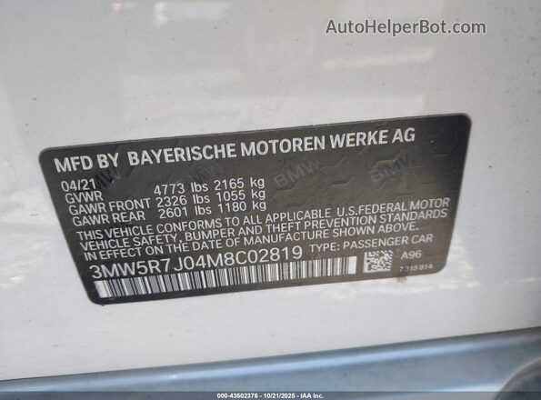 3MW5R7J04M8C02819 2021 BMW 3 SERIES White Вид підкапотного простору
