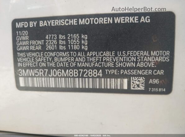 3MW5R7J06M8B72884 2021 BMW 3 SERIES White ძრავის განყოფილების ხედი