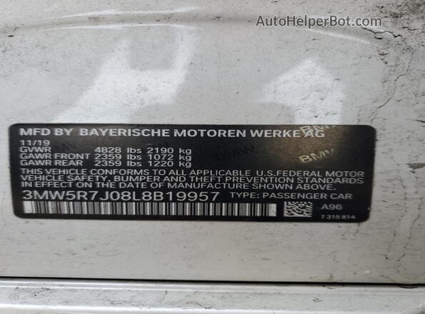 3MW5R7J08L8B19957 2020 BMW 3 SERIES White Vista de la etiqueta del VIN