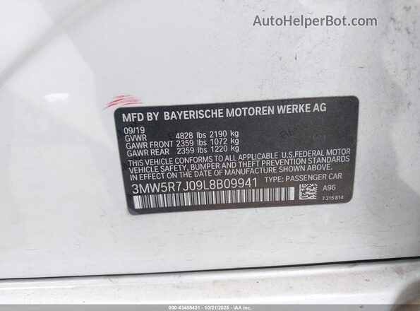 3MW5R7J09L8B09941 2020 BMW 3 SERIES White Շարժիչի բաժամունքի տեսք