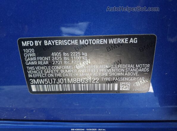 3MW5U7J01M8B63122 2021 BMW 3 SERIES Синий Вид подкапотного пространства