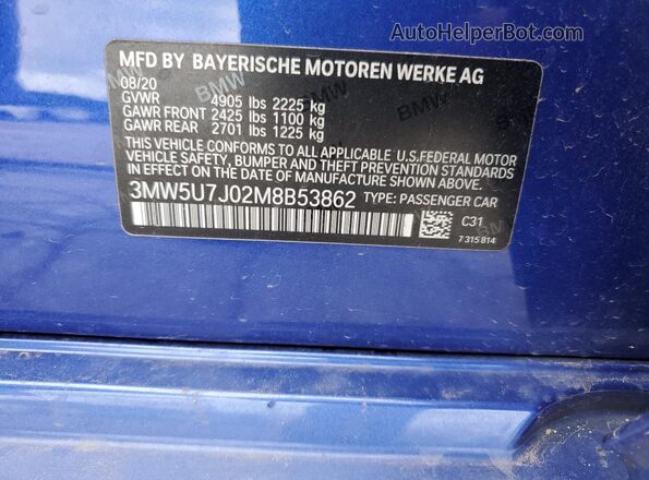 3MW5U7J02M8B53862 2021 BMW M3 Blue 