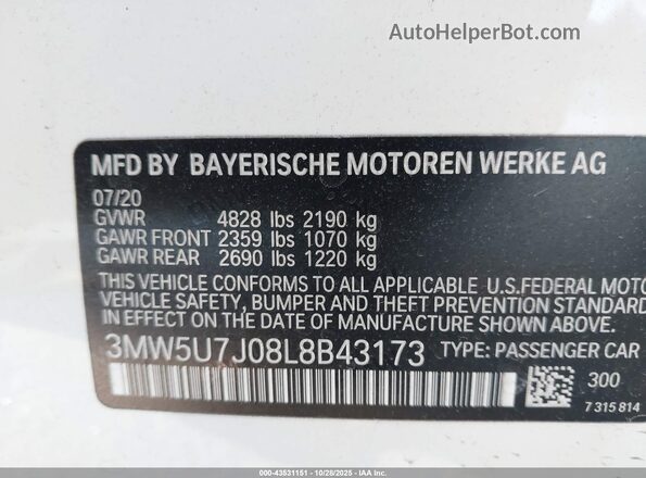 3MW5U7J08L8B43173 2020 BMW 3 SERIES Blue Շարժիչի բաժամունքի տեսք