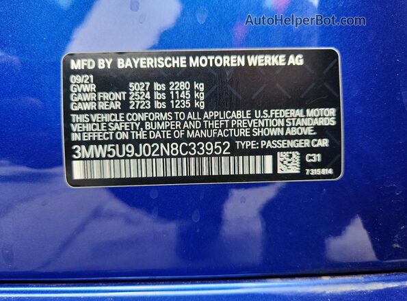 3MW5U9J02N8C33952 2022 BMW M3 Blue ძრავის განყოფილების ხედი