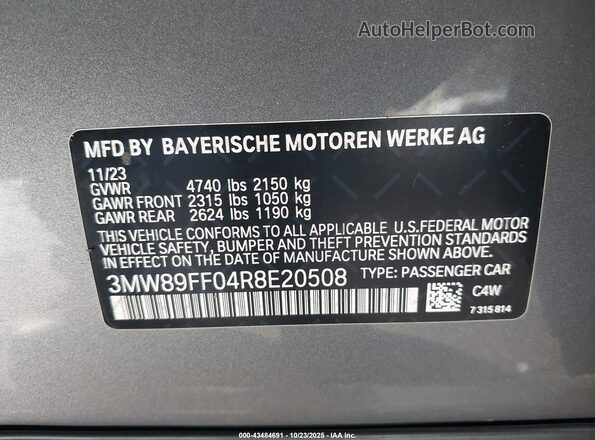 3MW89FF04R8E20508 2024 BMW 3 SERIES Gray ძრავის განყოფილების ხედი