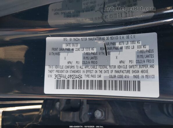 3MZBPAAL4MM204464 2021 MAZDA 3 Черный Вид подкапотного пространства