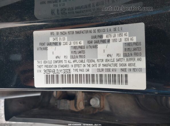 3MZBPABL0LM132935 2020 MAZDA 3 Black Շարժիչի բաժամունքի տեսք