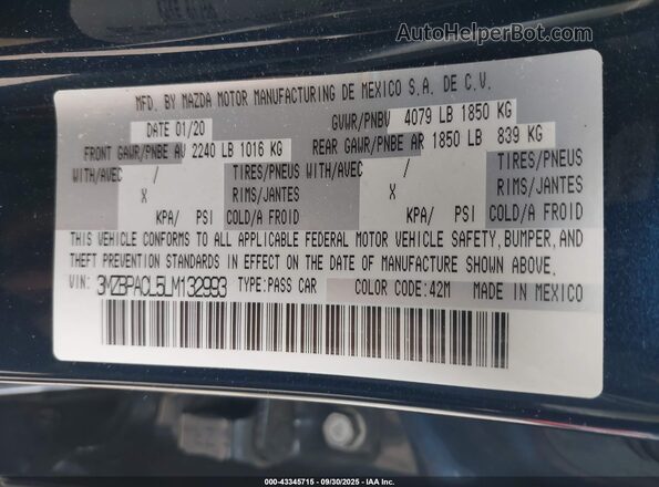 3MZBPACL5LM132993 2020 MAZDA 3 Синий Вид подкапотного пространства