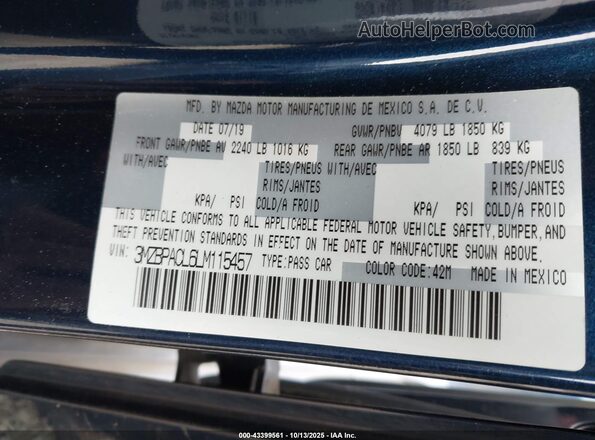 3MZBPACL6LM115457 2020 MAZDA 3 Blue Շարժիչի բաժամունքի տեսք