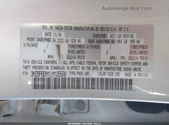 3MZBPBDM1LM125598 2020 MAZDA 3 White Vista del compartimento del motor